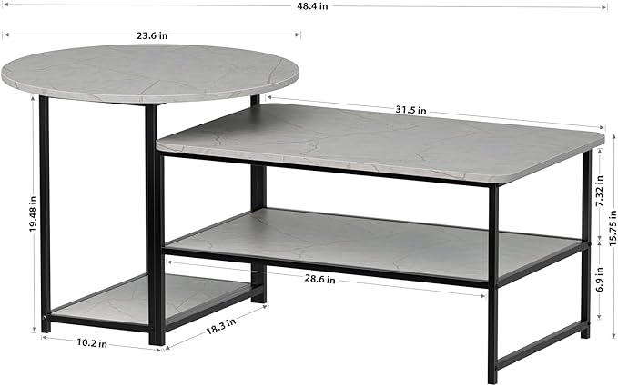 WOHOMO Coffee Table, Modern Style Coffee Tables for Living Room Marble Center Table with Storage 2 in 1Detachable Table Set,Grey Marble