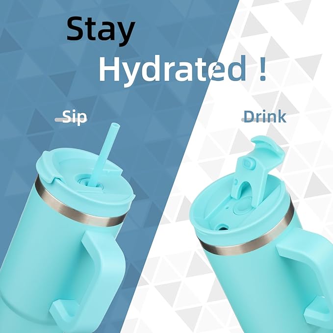 30 oz Tumbler with Handle and 2 Straws,2 in 1 Lid Insulated Water Bottle Stainless Steel Travel Coffee Mug,Turquoise