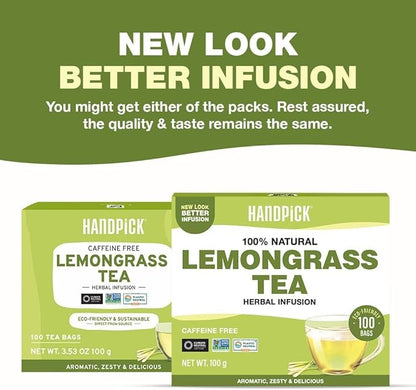 HANDPICK, Lemongrass Tea Bags (100 Count) Non-GMO, Caffeine Free - Quality Lemongrass Herbal Tea- Eco-conscious Round Tea Bags | Brew Hot or Iced Tea