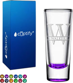 Load image into Gallery viewer, Personalized Shot Glass Purple Bottom Custom 2 oz Cordial Shot Glasses Split Script Initial and Name for Gifts, Weddings, Birthdays, Party, Event, Decorations