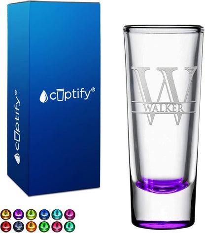 Personalized Shot Glass Purple Bottom Custom 2 oz Cordial Shot Glasses Split Script Initial and Name for Gifts, Weddings, Birthdays, Party, Event, Decorations