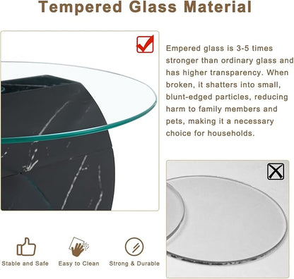 35 Inch Glass Coffee Table，Round Coffee Table with 2-Tier Tempered Glass Tabletop，Easy to Clean Circle Coffee Table with Sturdy Base for Living Room，Office (Black Marble Colored Base