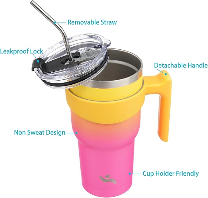 30 oz Tumbler with Handle and 2 Straw 2 Lid, Insulated Water Bottle Stainless Steel Vacuum Cup Reusable Travel Mug,Rainbow