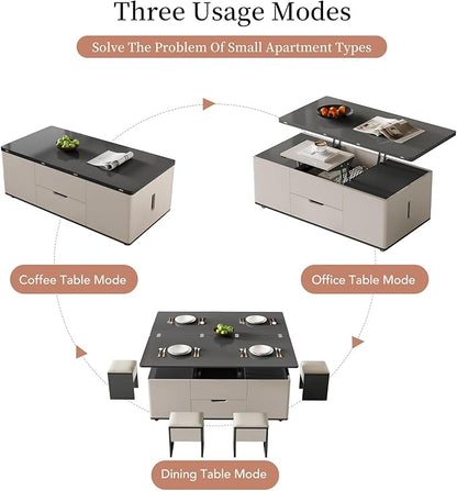 Lift Top Coffee Table with 4 Stools, 3 in 1 Multi-Function Center Table, Modern Lift Tabletop Coffee Table, Extendable Dining Table for Living Room (47.24 Inch)