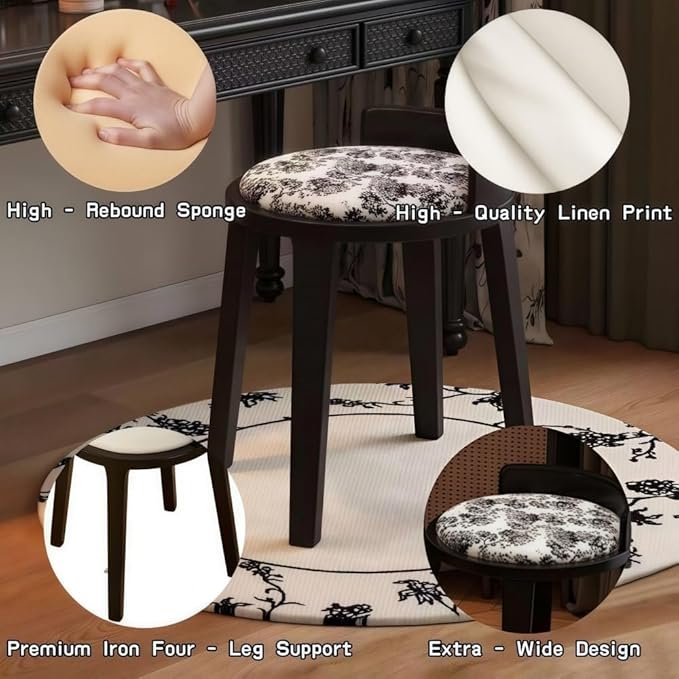 Vanity Chair with Small Back Vintage Style Makeup Chair Round Vanity Stool Wood Frame for Makeup Room ﻿ Creative idea