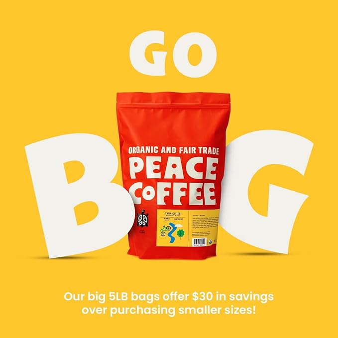 Peace Coffee Twin Cities Blend | 5 lb Ground Dark Roast | Organic Fair Trade | Smooth, Inviting Flavor | Shade Grown, Fresh Roasted