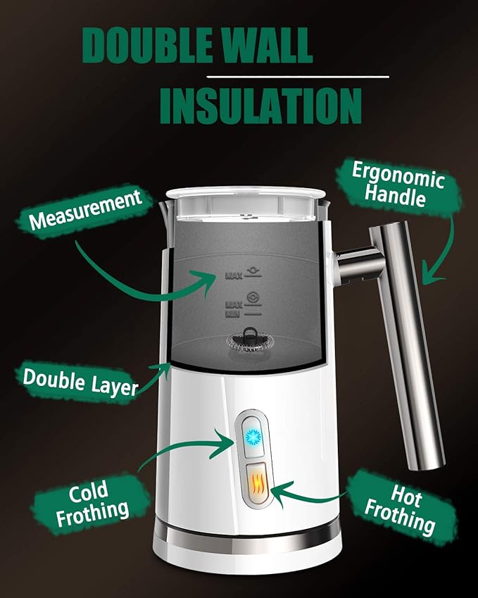Huogary Milk Frother, Milk Steamer for Milk Foam & Hot Milk(4.5oz/10.5oz), Electric Milk Frother and Warmer for Homemade Coffee, 120V (white)