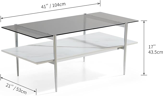 AGV LIGHTING Tadio Glass Coffee Table, Mid-Century Modern Coffee Table for Living Room, Chrome Finish Leg, Gray Glass Top & Faux Marble Wood Shelf, 41 in