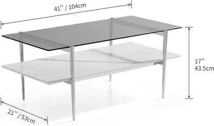 AGV LIGHTING Tadio Glass Coffee Table, Mid-Century Modern Coffee Table for Living Room, Chrome Finish Leg, Gray Glass Top & Faux Marble Wood Shelf, 41 in
