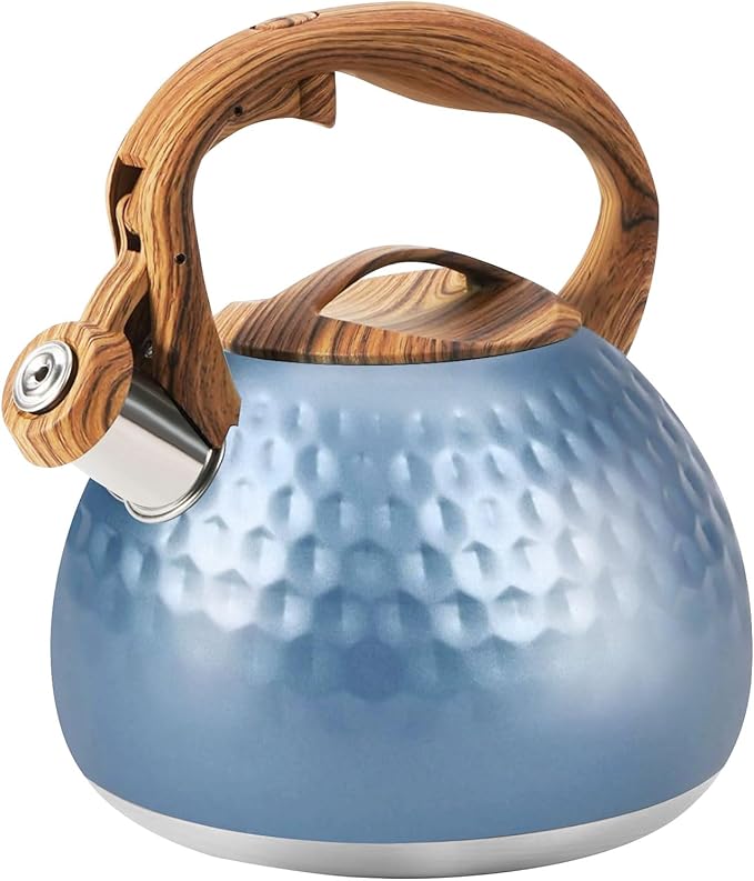 Stainless Steel Tea Kettle Blue, Teapot 3.2 Quart Whistling Tea Kettle, Tea Pots for Stove Top with Wood Pattern Handle, Gas Electric Applicable