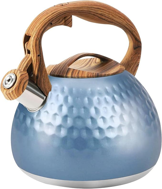 Stainless Steel Tea Kettle Blue, Teapot 3.2 Quart Whistling Tea Kettle, Tea Pots for Stove Top with Wood Pattern Handle, Gas Electric Applicable