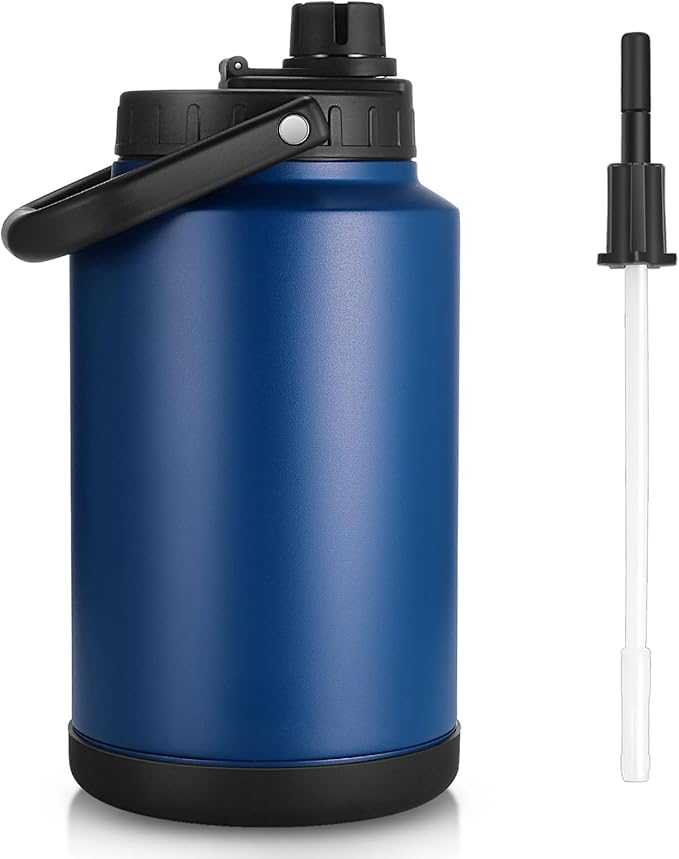 Sursip One Gallon Insulated Water Jug wtih Straw,128 Oz Large Sports Water Bottle Stainless Steel Thermos Hot & Cold Drinks for Travel, Hiking, Camping 1 Gallon Jug (Navy Blue)
