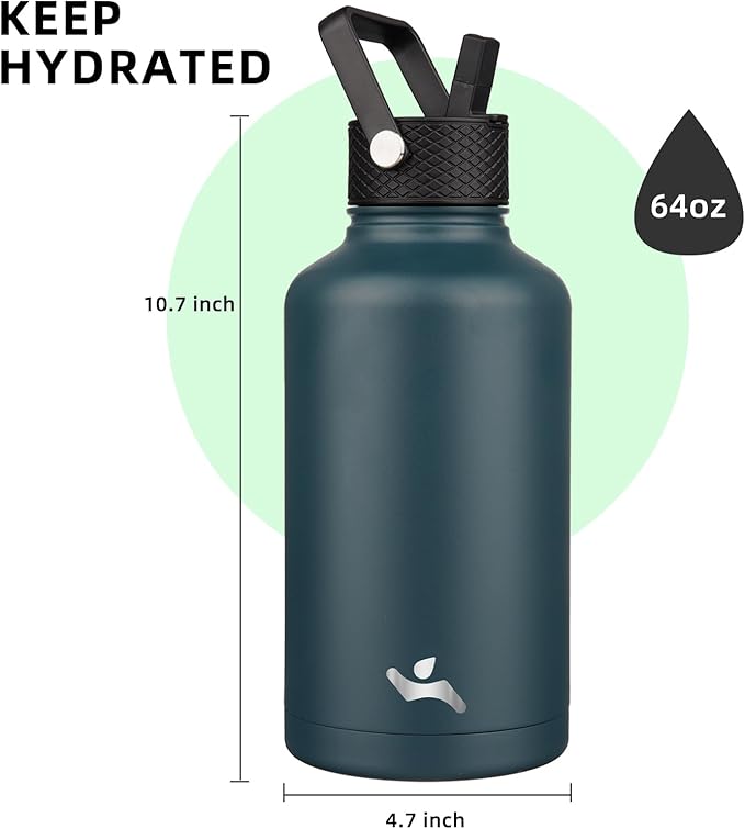 Half Gallon Insulated Water Bottle with Straw,64 oz 3 Lids Water Jug with Carrying Bag,Paracord Handle,Double Wall Vacuum Stainless Steel Metal Flask,Navy Blue