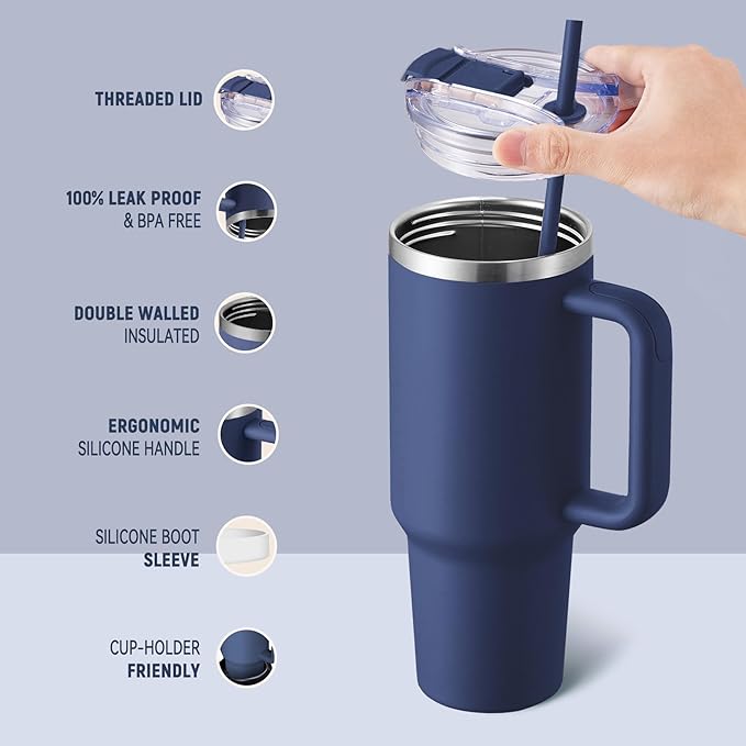 COKTIK 40 oz Tumbler With Handle and Straw Lid, Vacuum Insulated Travel Coffee Mug Stainless Steel Insulated Cup for Beverages, Leak-proof, Cupholder Friendly(Navy)