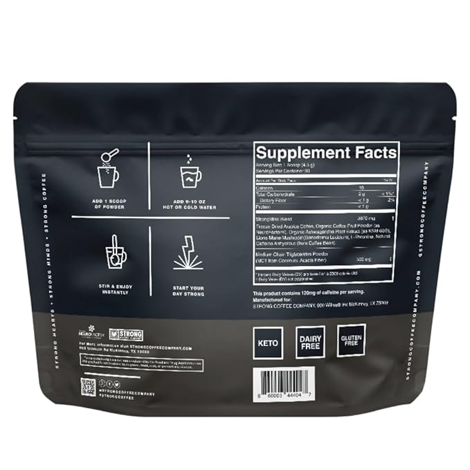 STRONG COFFEE COMPANY Organic Instant Black Coffee - Individual Servings, Extreme Focus, Adaptogen Coffee, No Jitters, No Crash (1, 30 Packets)