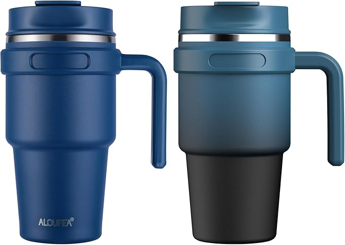 ALOUFEA 20 oz Insulated Coffee Mug Tumbler with Handle, Stainless Steel Travel Mug Tumbler with Lid and Straw,Double Wall Vacuum Leak Proof Ice Coffee Thermal Cup, Navy/Indigo Black