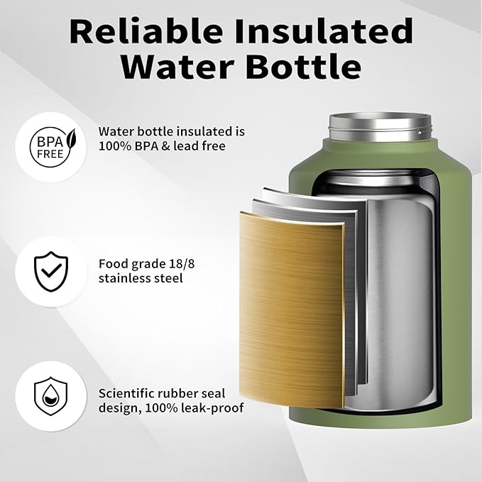 1 Gallon Water Bottle Insulated(Cold for 48 Hrs),BPA Free&Leak Proof,128oz Stainless Steel Water Jug,Big thermo,Large Water Bottle with Handle for Gym,Hiking,Camping&Travel,Olive Green
