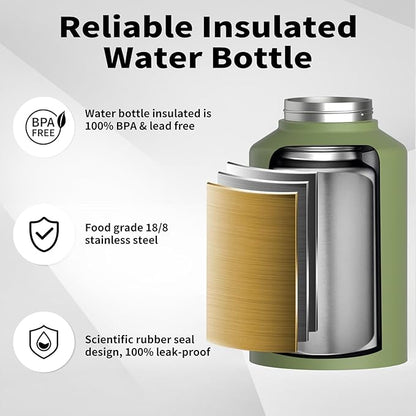 1 Gallon Water Bottle Insulated(Cold for 48 Hrs),BPA Free&Leak Proof,128oz Stainless Steel Water Jug,Big thermo,Large Water Bottle with Handle for Gym,Hiking,Camping&Travel,Olive Green