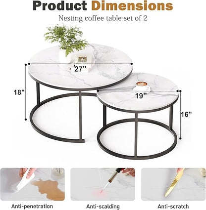ZL ZELing White Nesting Coffee Table Set of 2, 27'' Round Coffee Table Sintered Stone Top & Metal Frame, End Tables Center Table for Living Room, Small Space