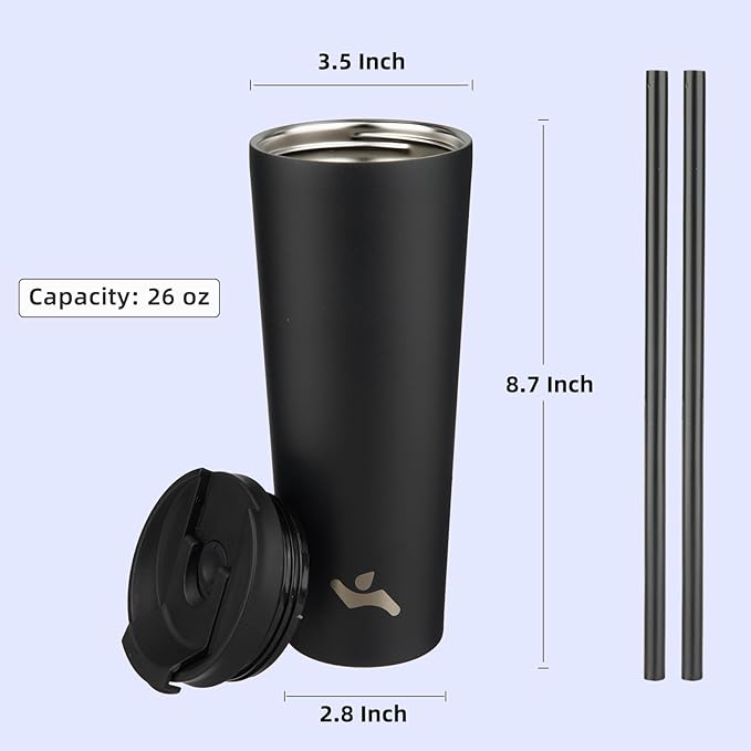 26 OZ Insulated Tumbler with Lid and 2 Straws Stainless Steel Water Bottle Vacuum Travel Mug Coffee Cup,Black