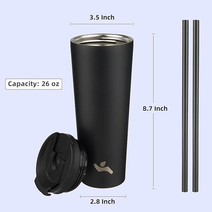 26 OZ Insulated Tumbler with Lid and 2 Straws Stainless Steel Water Bottle Vacuum Travel Mug Coffee Cup,Black