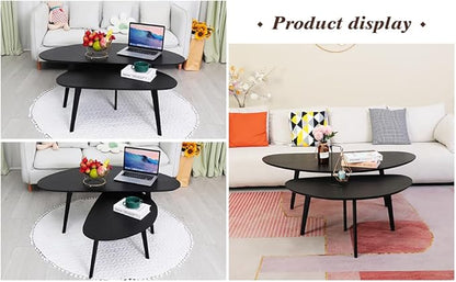 FIRMINANA Small Black Oval Coffee Table for Small Space , Simple Modern Center Table with OAK Wood Legs-Black-18.9" D x 33.47" W x 15.75" H