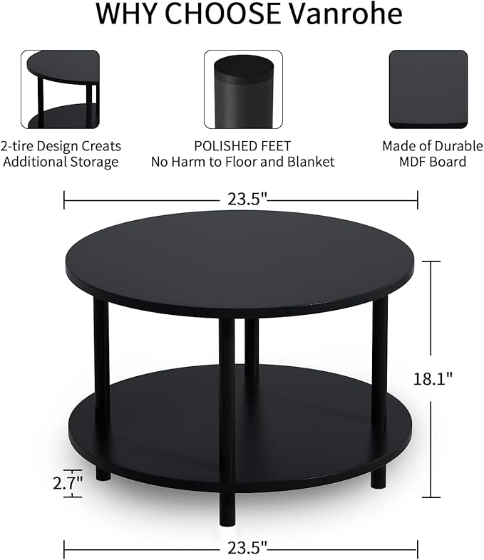 Small Round Coffee Table with Open Storage for Small Space, 23.5" Black 2-Tier Wooden Center Table for Living Room, Metal Legs, Easy to Assemble