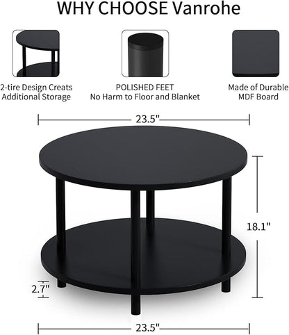 Small Round Coffee Table with Open Storage for Small Space, 23.5" Black 2-Tier Wooden Center Table for Living Room, Metal Legs, Easy to Assemble