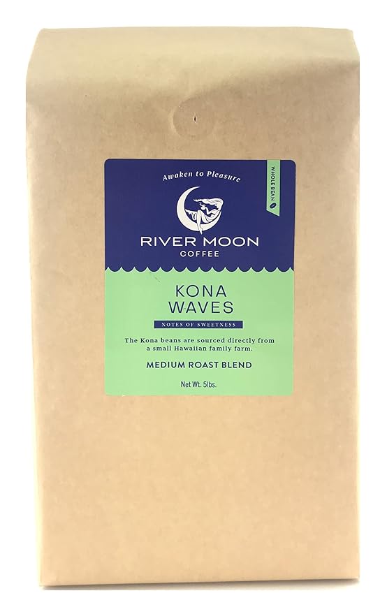 River Moon Coffee, Kona Coffee Whole Bean, Medium Roast, 5 lbs, Kona Waves Hawaiian Blend, Sustainably Farmed, 100% Arabica