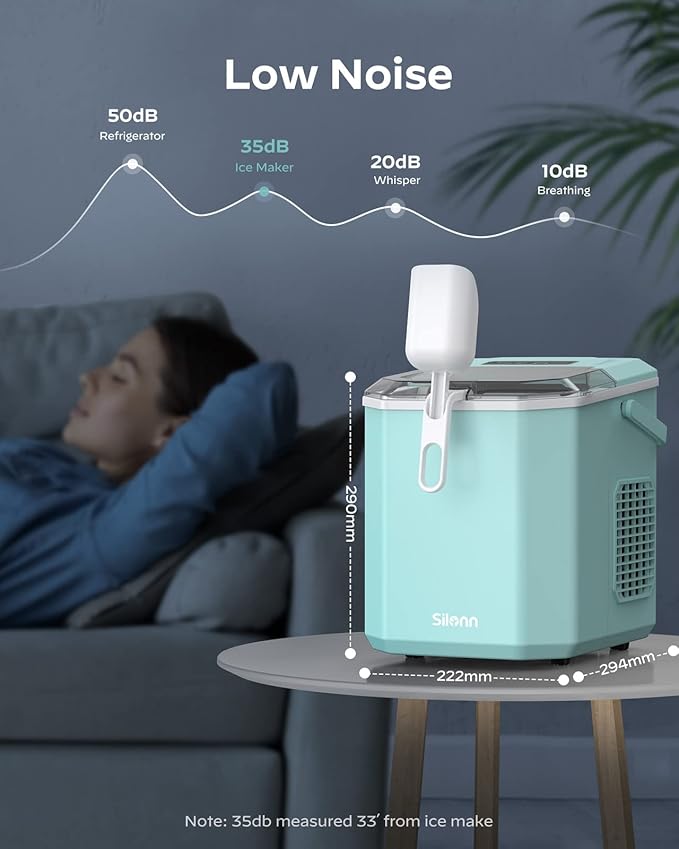 Silonn Ice Maker Countertop Machine with Handle, 26lbs in 24h, 9 Ice Cubes Ready in 6 Mins, Self-Cleaning Ice Makers with Basket and Scoop, Ideal for Home Kitchen Camping, Green