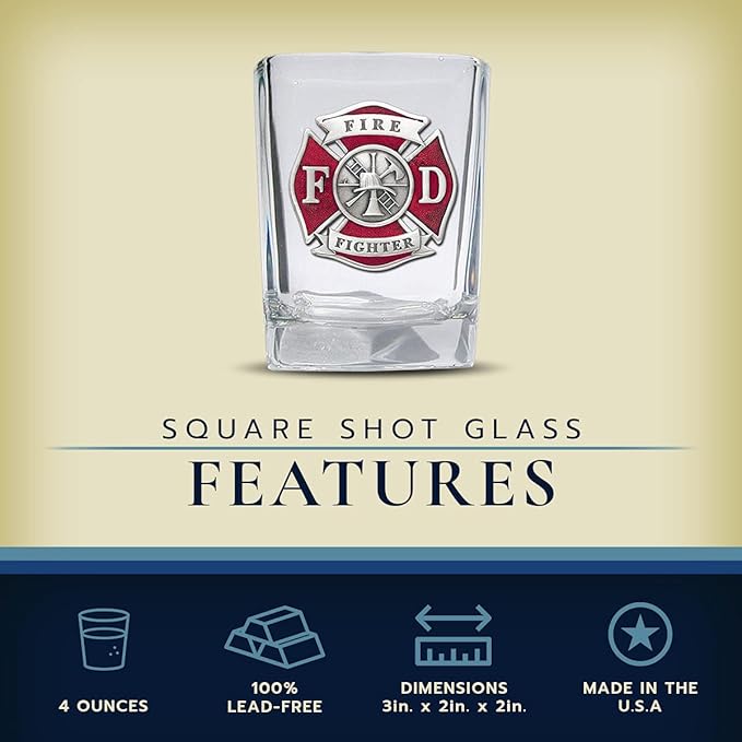 Heritage Pewter Firefighter Square Shot Glass | Hand-Sculpted 1.5 Ounce Shot Glass | Intricately Crafted Metal Pewter Alma Mater Inlay