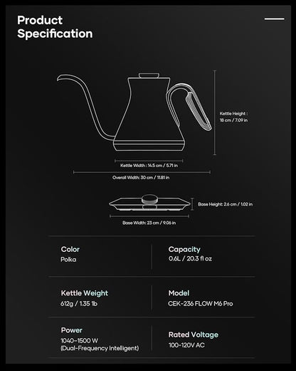 Cocinare FLOW M6 Pro Electric Gooseneck Kettle with Color-Changing Design, ±0.5℉ Temperature Control for Pour-over Coffee & Tea, Stainless Steel Interior, Quick Heating for Boiling Water (Polka)