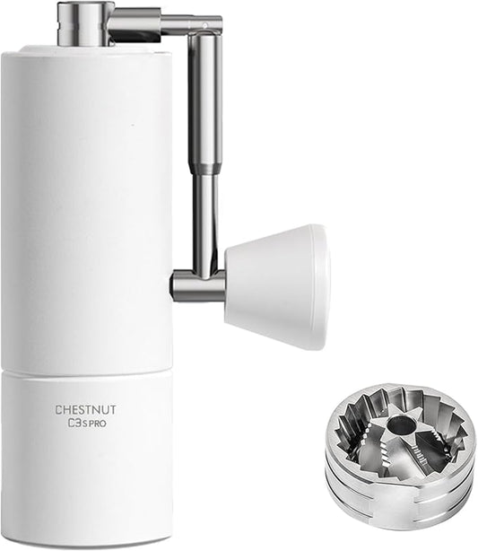 TIMEMORE Chestnut C3S Pro Manual Coffee Grinder, Stainless Steel S2C Conical Burr Coffee Grinder, Hand Coffee Grinder with Foldable Handle, Adjustable Grind Setting for Travel/Camping/Home, White