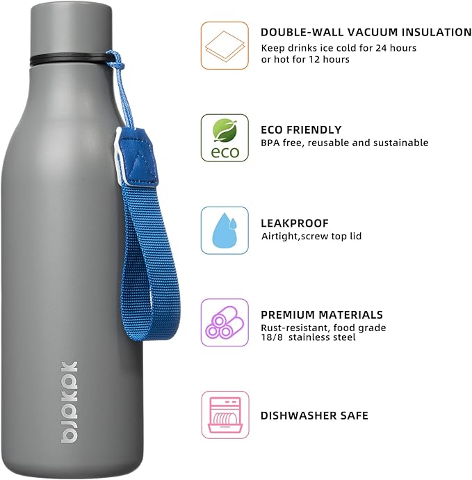 BJPKPK Insulated Water Bottles, 18 oz Stainless Steel Metal Water Bottle with Strap, BPA Free Leak Proof Jugs, Mugs, Flasks, Reusable Thermal Flasks for Sports & Travel, Grey