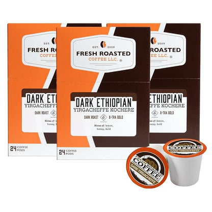 Fresh Roasted Coffee, Dark Ethiopian Yirgacheffe Kochere, Dark Roast, 72 Pods for K Cup Brewers