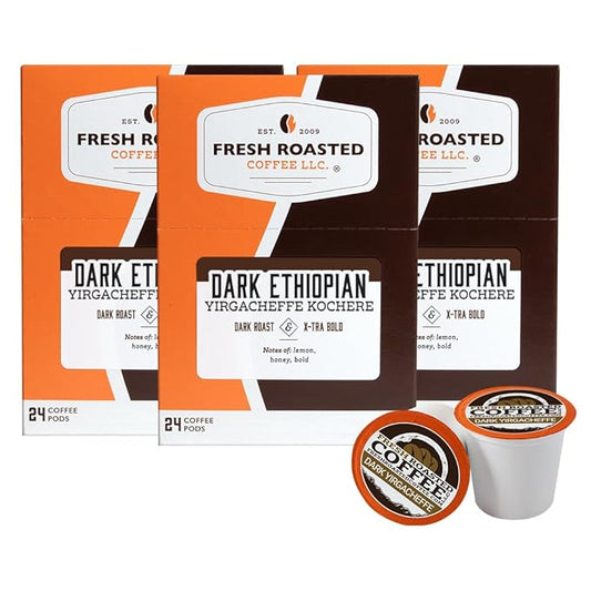 Fresh Roasted Coffee, Dark Ethiopian Yirgacheffe Kochere, Dark Roast, 72 Pods for K Cup Brewers