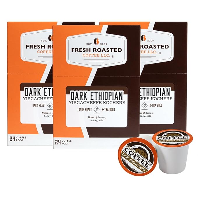 Fresh Roasted Coffee, Dark Ethiopian Yirgacheffe Kochere, Dark Roast, 72 Pods for K Cup Brewers