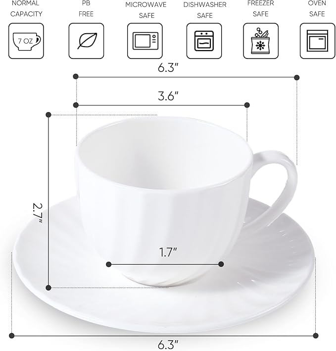 Fine Bone China Cappuccino Mugs Set of 4, 7 Oz Spiral Pattern Lightweight Ceramic, Art Coffee Cups with Saucers, for Latte, Mocha, Tea, Espresso, Macchiato, Americano