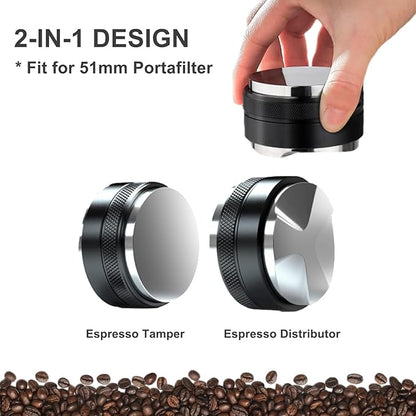 Espresso Accessories Kit 51mm Tamper: 51mm Espresso Tamper and Coffee Distributor, Espresso Tamper Kit Barista Tools with WDT Tool Tamping Mat Brush | Dual Head Espresso Leveler for 51mm Portafilter