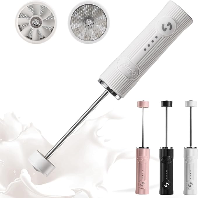 Bincoo Performance Milk Foamer - Dual Speed, Waterproof, Stainless Steel, Ultra Fast Handheld Drink Mixer - Create Barista Microfoam in 60 Seconds for Latte, Cappuccino & Coffee at Home (White)