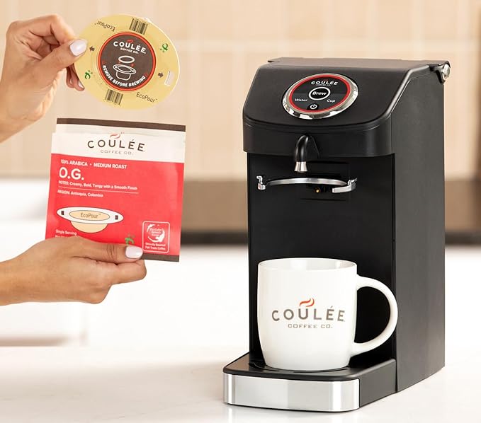 Coulée EcoPour O.G. Coffee, All Paper Single Serve Pour Over Colombian Coffee, Medium Roast, Use for Camping or Traveling, Pre Filled Compostable Filters, Ready to Brew with Hot Water, Plastic Free, 10 Pack