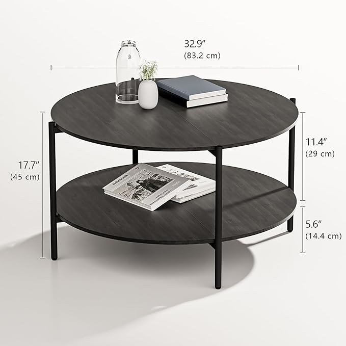 Round Coffee Table, 2-Tier 32.9" Circle Coffee Tables with Storage Wood Rustic Farmhouse Center Circular Coffee Table for Living Room Bedroom Balcony Office - Grey