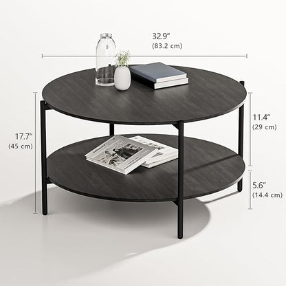 Round Coffee Table, 2-Tier 32.9" Circle Coffee Tables with Storage Wood Rustic Farmhouse Center Circular Coffee Table for Living Room Bedroom Balcony Office - Grey