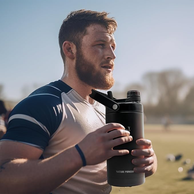 NATURE PIONEOR Insulated Water Bottles with Strap - 64 oz Stainless Steel Vacuum Wide Mouth Bottle with Holder/Carrier/Sleeve - 18/8 Food Grade 64oz Half Gallon Water Jug