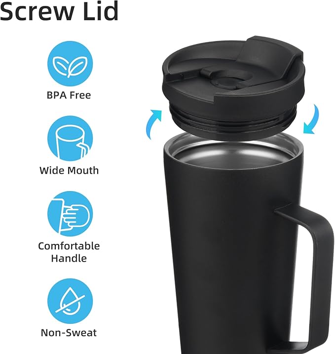 Insulated Tumbler with Handle and Straw, 22 OZ Travel Coffee Mug Stainless Steel Cup Metal Water Bottle,Black
