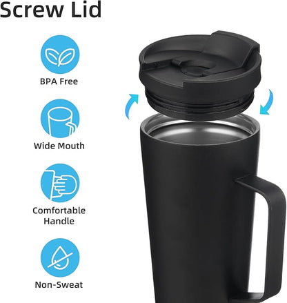 Insulated Tumbler with Handle and Straw, 22 OZ Travel Coffee Mug Stainless Steel Cup Metal Water Bottle,Black