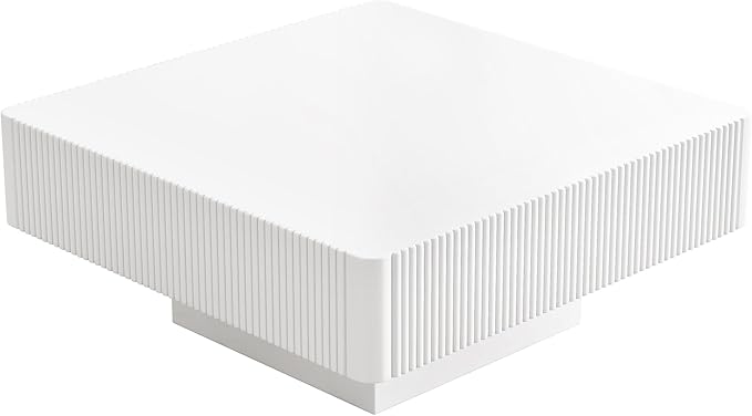 Square Coffee Table for Living Room, Accent Fluted Coffee Table with Storage, Modern Solid Wood Veneered Large Center Tea Table for Small Space Apartment (31.6''D×14''H-White)