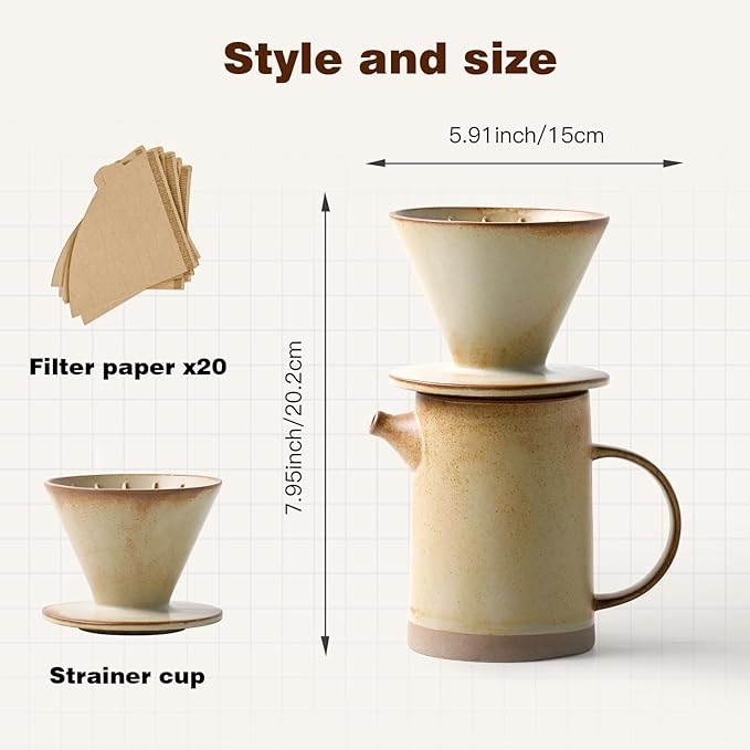 Pour Over Coffee Maker Set Vintage Ceramic Pour Over V60 Coffee Dripper Set with 20 Count Paper Coffee Filters,for Home Café Restaurant Camping,15.8 Ounces(Yellow)