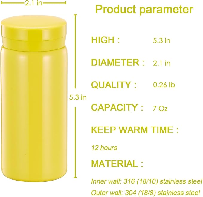Mini Thermos Cute Water Bottle - 7 oz Tiny Insulated Vacuum 18/10 Stainless Steel Small Flask - Leak Proof & Spill Proof & Keeps Cold and Hot for Drink, Coffee, Tea - Yellow