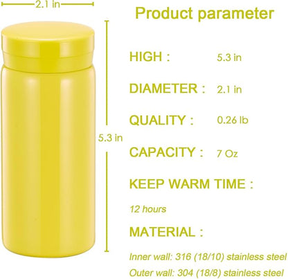 Mini Thermos Cute Water Bottle - 7 oz Tiny Insulated Vacuum 18/10 Stainless Steel Small Flask - Leak Proof & Spill Proof & Keeps Cold and Hot for Drink, Coffee, Tea - Yellow